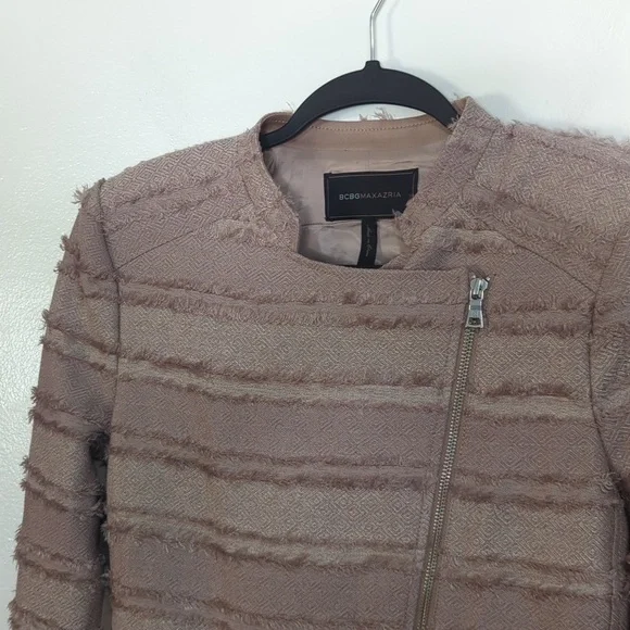NWOT BCBGMaxAzria Brown Beige Mixed Media Fringe Moto Zipper Jacket Medium - Picture 3 of 7